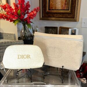 Dior Gold and Beige Cosmetic Bag Set Lrg 10.75”x 6.5” NIB Sm 7.75”x 4.5” New